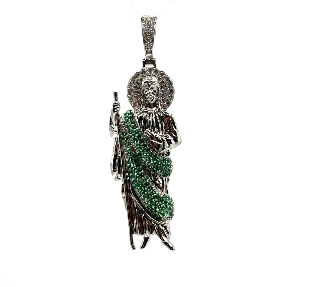 Men’s San Judas rhodium plated (Green stones)