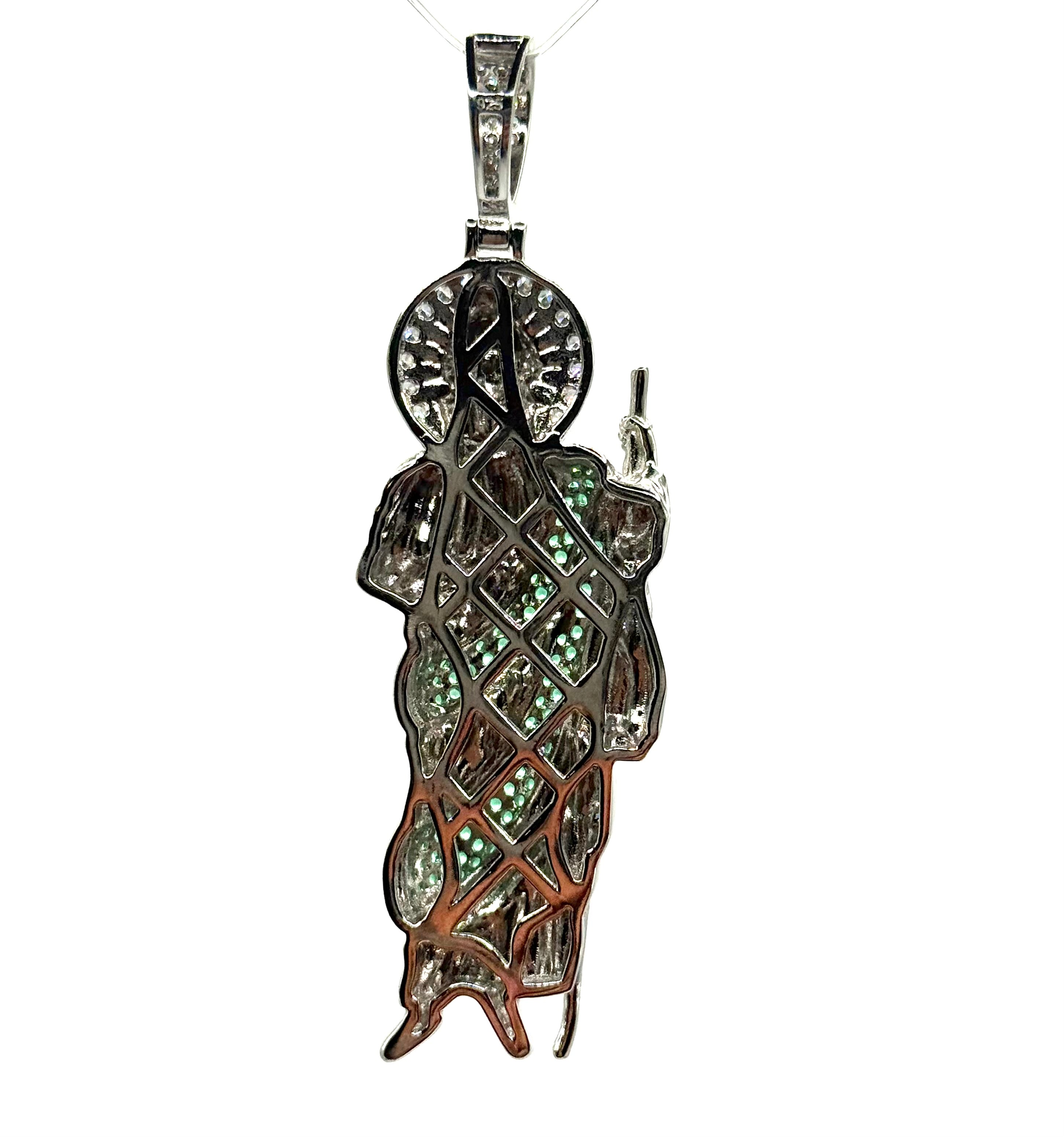 Men’s San Judas rhodium plated (Green stones)
